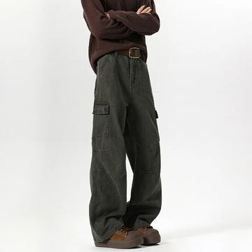 Riolio Mens Workwear Cargo Jeans Straight Loose Fit Patchwork Design Denim Pants Casual Outdoor Streetwear Tactical Utility Clothing